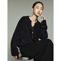 初语设计感圆V领美拉德软糯针织衫女慵懒风宽松毛衣 黑色 XL