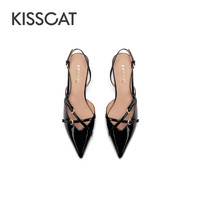 KISSCAT接吻猫气质尖头后空凉鞋包头高跟鞋单鞋女 黑色 38