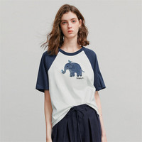 初语牛仔贴布绣大象T恤女2025夏季新款撞色插肩袖松弛感纯棉上衣