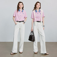 初语条纹提花撞色POLO领宽松衬衫女2025夏季衬衣上衣 粉白条 M