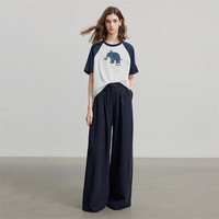 初语牛仔贴布绣大象T恤女2025夏季撞色插肩袖松弛感纯棉上衣 米白-藏青 XL