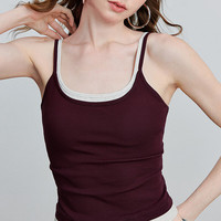 初语假两件撞色拼接修身短款吊带背心女2025夏季辣妹风上衣 咖啡红 L