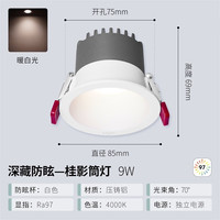 雷士(NVC) LED防眩筒灯射灯嵌入式无主灯家用客厅过道玄关灯服装店洗墙灯 桂影筒灯Ra97-9W暖白光-孔75MM