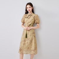 秋水伊人新中式盘扣斜襟立领连衣裙2024夏季女改良旗袍收腰裙 卡其 S
