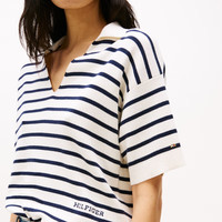 Tommy Hilfiger25新款春夏女纯棉优雅通勤条纹V领套头薄款宽松针织衫45400