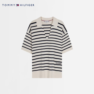 Tommy Hilfiger25新款春夏女纯棉优雅通勤条纹V领套头薄款宽松针织衫45400