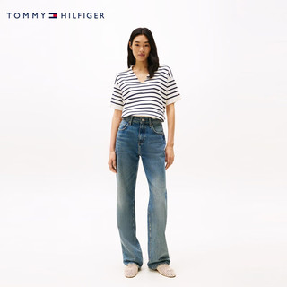 Tommy Hilfiger25新款春夏女纯棉优雅通勤条纹V领套头薄款宽松针织衫45400