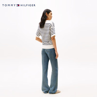 Tommy Hilfiger25新款春夏女纯棉优雅通勤条纹V领套头薄款宽松针织衫45400