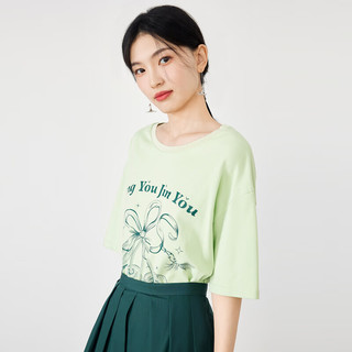 秋水伊人美式复古重磅纯棉T恤夏季女装经典圆领甜美上衣 水绿 M