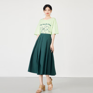 秋水伊人美式复古重磅纯棉T恤夏季女装经典圆领甜美上衣 水绿 M