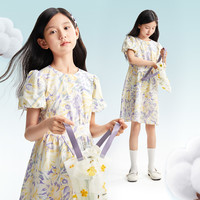 安奈儿童装女童连衣裙2025夏纯棉清新甜美吸湿透气泡泡裙子 紫黄花