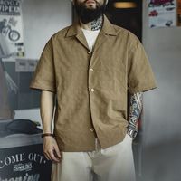 马登 MADEN工装美式休闲褶皱肌理感短袖衬衫梭织提花宽松古巴领衬衣男夏