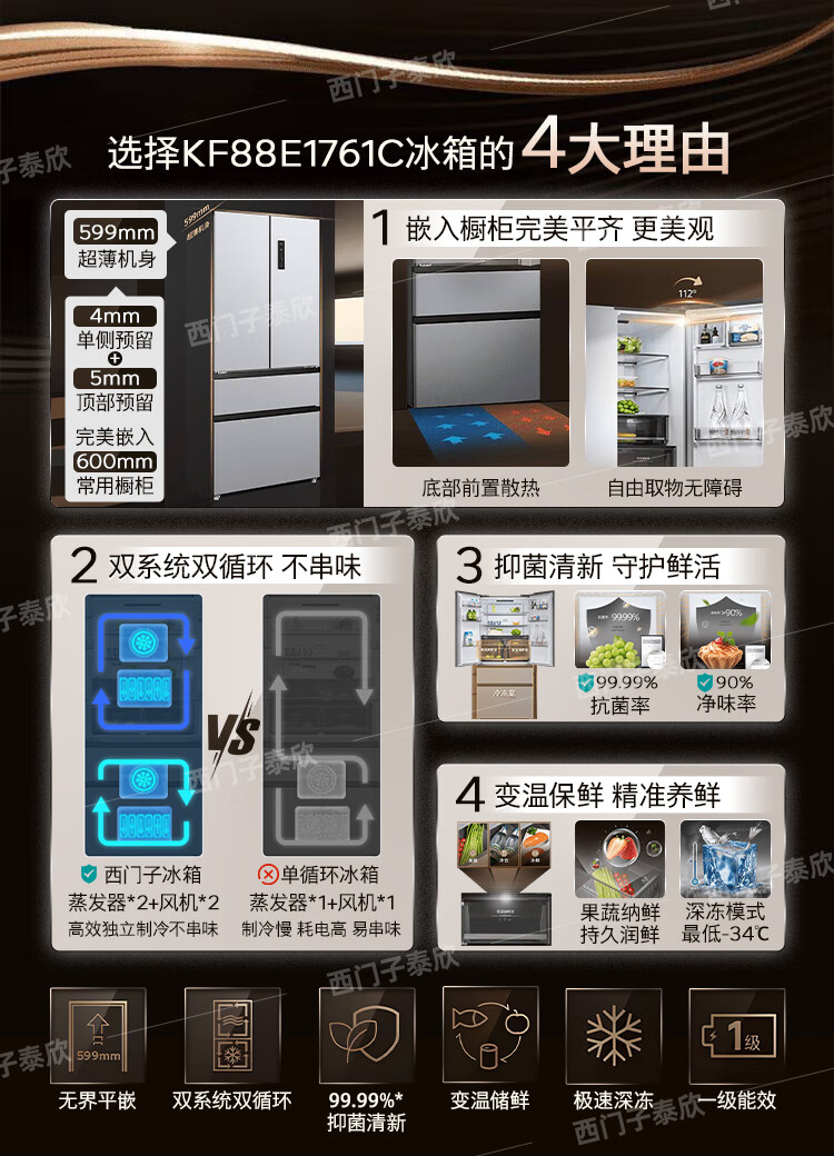 西门子KF88E1761C 双循环风冷无霜501L 法式多开门冰箱浩瀚银【报价价格