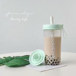 LOCK&LOCK 夏天塑料水杯奶茶杯Tritan带吸管户外便携提手男女杯子700mL绿色