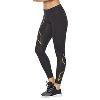 2XU Light Speed系列压缩长裤 MCS中腰裤女专业马拉松运动紧身裤 黑/金色反光logo M