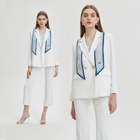 PRICH夏款通勤气质时尚清新印花丝巾装饰西装外套女 79橄榄绿 S 155