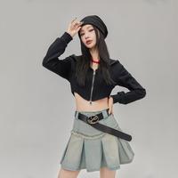 春季休闲多色可选连帽拉链开衫鱼骨下摆收腰短款女式卫衣