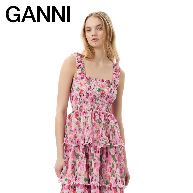 【甄选】GANNI女装 花卉印花荷叶边吊带蛋糕裙连衣裙F7636393