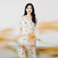 秋水伊人气质V领雪纺印花连衣裙夏季新款女装法式优雅裙子 花料
