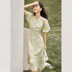 DUIBAI 法式浪漫碎花连衣裙女2025夏季气质花苞袖度假风百褶长裙 黄色碎花 M