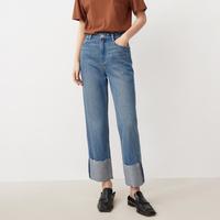 复古休闲纯棉散边翻脚直筒牛仔裤女