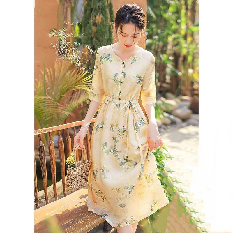 棉麻连衣裙夏天薄款五分袖印花棉麻连衣裙女春夏款2022年新款收腰气质优雅长裙子   95-115斤