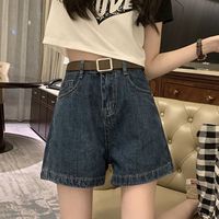 Jret水洗复古深蓝牛仔短裤女夏季高腰宽松显瘦百搭a字阔腿热裤子 蓝色 XS 【70-80斤】