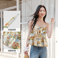 森马（Semir）衬衫女短款修身荷叶边度假风2025夏甜美满印吊带小衫109325104002