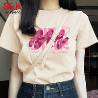 班尼路S&K系列粉色短袖t恤女2025夏季休闲百搭宽松短款上衣服 白-粉luck白星 XL