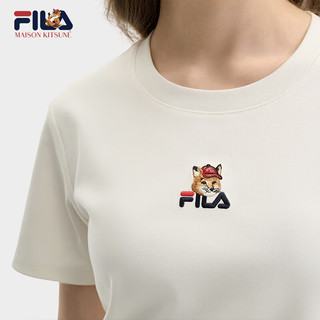 FILA 韩素希同款|斐乐女装针织短袖2025夏修身小狐狸刺绣T恤 云菇白-WT L 170/88A/L
