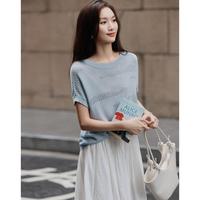 德玛纳 dme【亚麻莱赛尔混纺】夏季法腔慵懒风线衫复古挑孔遮肉针织衫女上衣