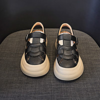 狄德拉大码真皮包头凉鞋女41-43夏季镂空厚底织透气百搭罗马鞋 黑色 42