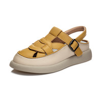 狄德拉大码真皮包头凉鞋女41-43夏季镂空厚底织透气百搭罗马鞋 黄色 43