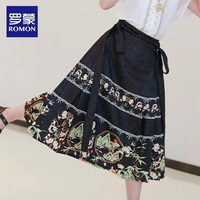罗蒙女童马面裙汉服夏儿童古风2025国风半身裙演出服 黑色-印花马面裙短款【单裙子】 140