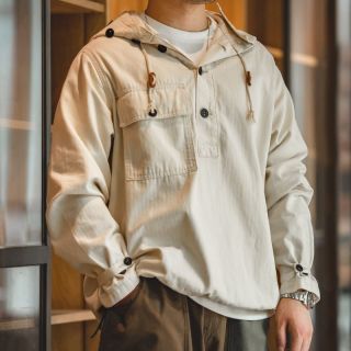 百亿补贴：马登 工装美式复古二战海军白色外套人字纹半开襟防护连帽衫卫衣男