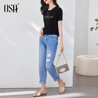 欧莎（OSA）白色字母短袖t恤女夏装2025年设计感小众衣服短款体恤上衣 黑色 L