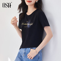 欧莎（OSA）白色字母短袖t恤女夏装2025年设计感小众衣服短款体恤上衣 黑色 2XL