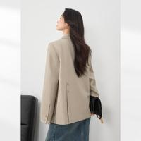 2024秋装简约通勤袖口撞色条纹翻边宽松廓形女式西装外套