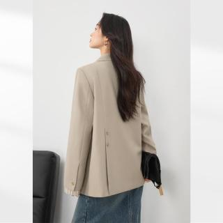 2024秋装简约通勤袖口撞色条纹翻边宽松廓形女式西装外套