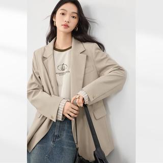 2024秋装简约通勤袖口撞色条纹翻边宽松廓形女式西装外套