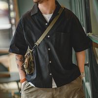 马登 MADEN工装美式复古巴领宽松短袖衬衫咔叽黑色纯棉休闲痞帅衬衣男夏