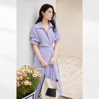 【AN大码系列】夏装时髦捏褶袖女式V领中长短袖连衣裙