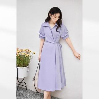 【AN大码系列】夏装时髦捏褶袖女式V领中长短袖连衣裙