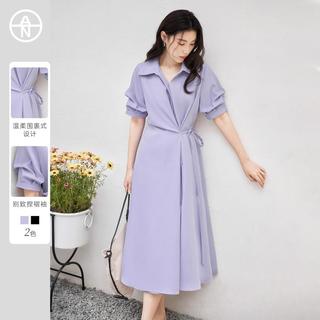 【AN大码系列】夏装时髦捏褶袖女式V领中长短袖连衣裙