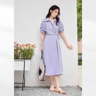 【AN大码系列】夏装时髦捏褶袖女式V领中长短袖连衣裙