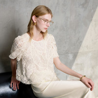 三彩2025夏季雪纺盘花衬衣上衣宽松短袖圆领女 奶白 M 160/84A