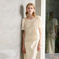 三彩2025夏季雪纺盘花衬衣上衣宽松短袖圆领女 奶白 L 165/88A