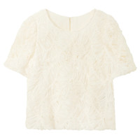 三彩2025夏季雪纺盘花衬衣上衣宽松短袖圆领女 奶白 XL 170/92A