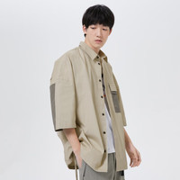 杰克·琼斯（JACK&JONES）男装春潮酷高街宽松纯色流行拼接款式尖领短袖衬衫男款222131001 沙色SABLE XS