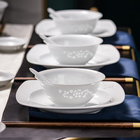 富玉陶瓷景德镇釉下彩餐具套装碗盘家用轻奢高级感纯白瓷玲珑碗碟 玉牡丹36头(6人食)【☆高温白瓷☆瓷☆】